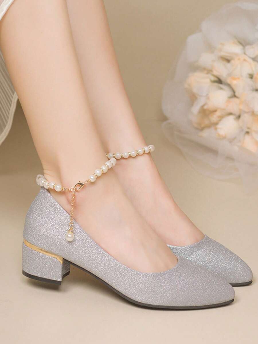 2025 New Women's Faux Pearl Decor Ankle Strap Glitter High Heels, Gold Pointed Toe Chunky Heel Pumps, Suitable For Outdoor Wedding, Party, Work, Palace Style
