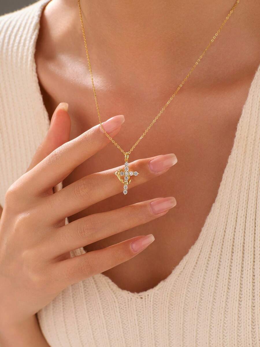BALMORA 1 Stück 925 Sterling Silber drehbares Kronen Kreuz Halskette, geeignet für Herren und Damen, einfaches synthetisches Zirkonia Kreuz Anhänger Schlüsselbein Kette, Glaubensschmuck Geschenk, Feiertags Geschenk
