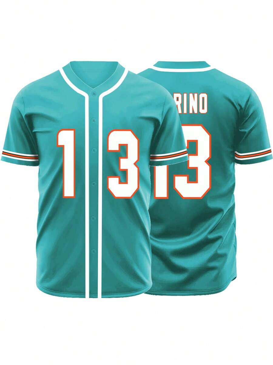 Herren Baseball Trikot mit Stickerei 13 grün lässiges Kurzarm V-Ausschnitt Knopfhemd Party Sport Top
