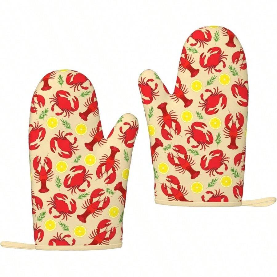 Lobster Crab Lemon Oven Mitts Cooking Silicone Gloves Kitchen Mittens Heat Resistant Non Slip Oven Mitts For BBQ Grilling Baking 1 Pairgood