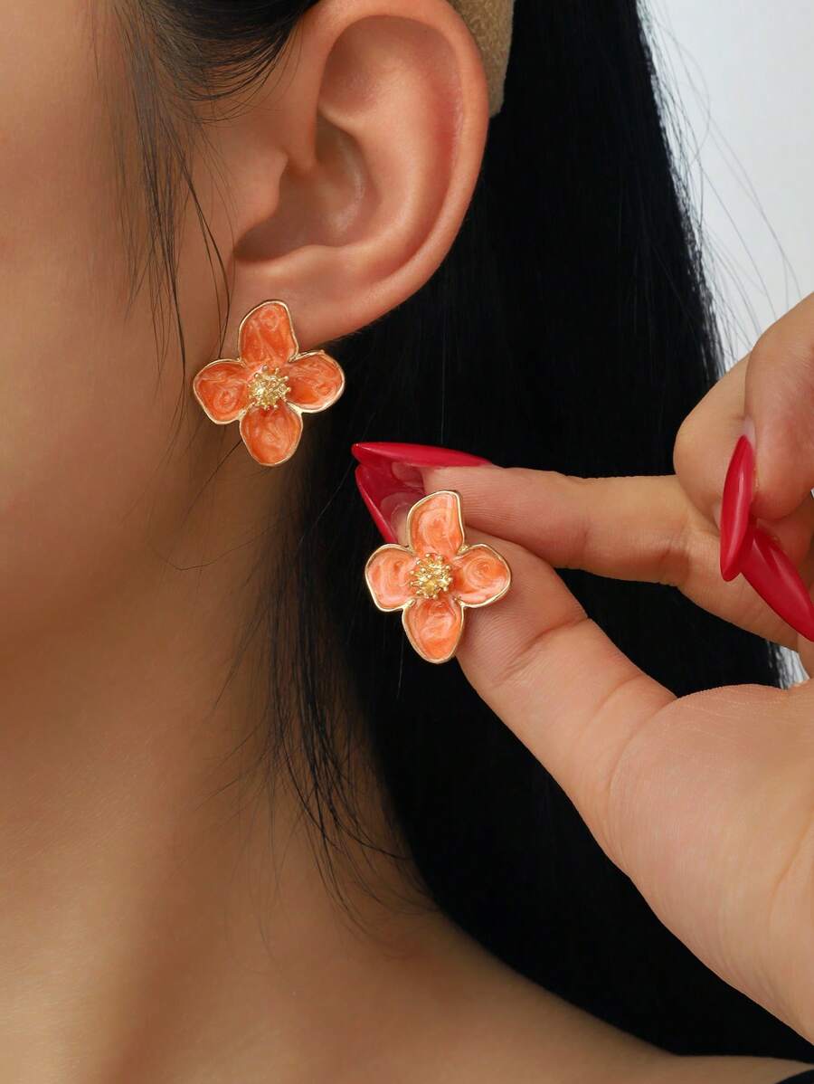 1 Pair Fashionable Minimalist Delicate Orange Flower Metal Earrings, Suitable For Daily Wear
