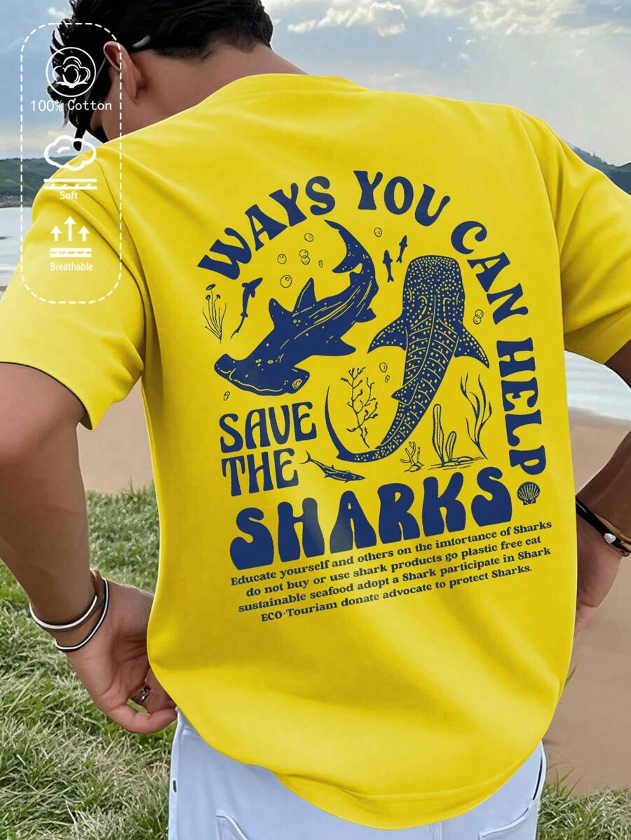 T-shirt da uomo in cotone a coste, stampa con elementi dell'oceano, abbigliamento sportivo da uomo in stile college per la primavera e l'estate, top a maniche corte da uomo gialli, morbidi e traspiranti.