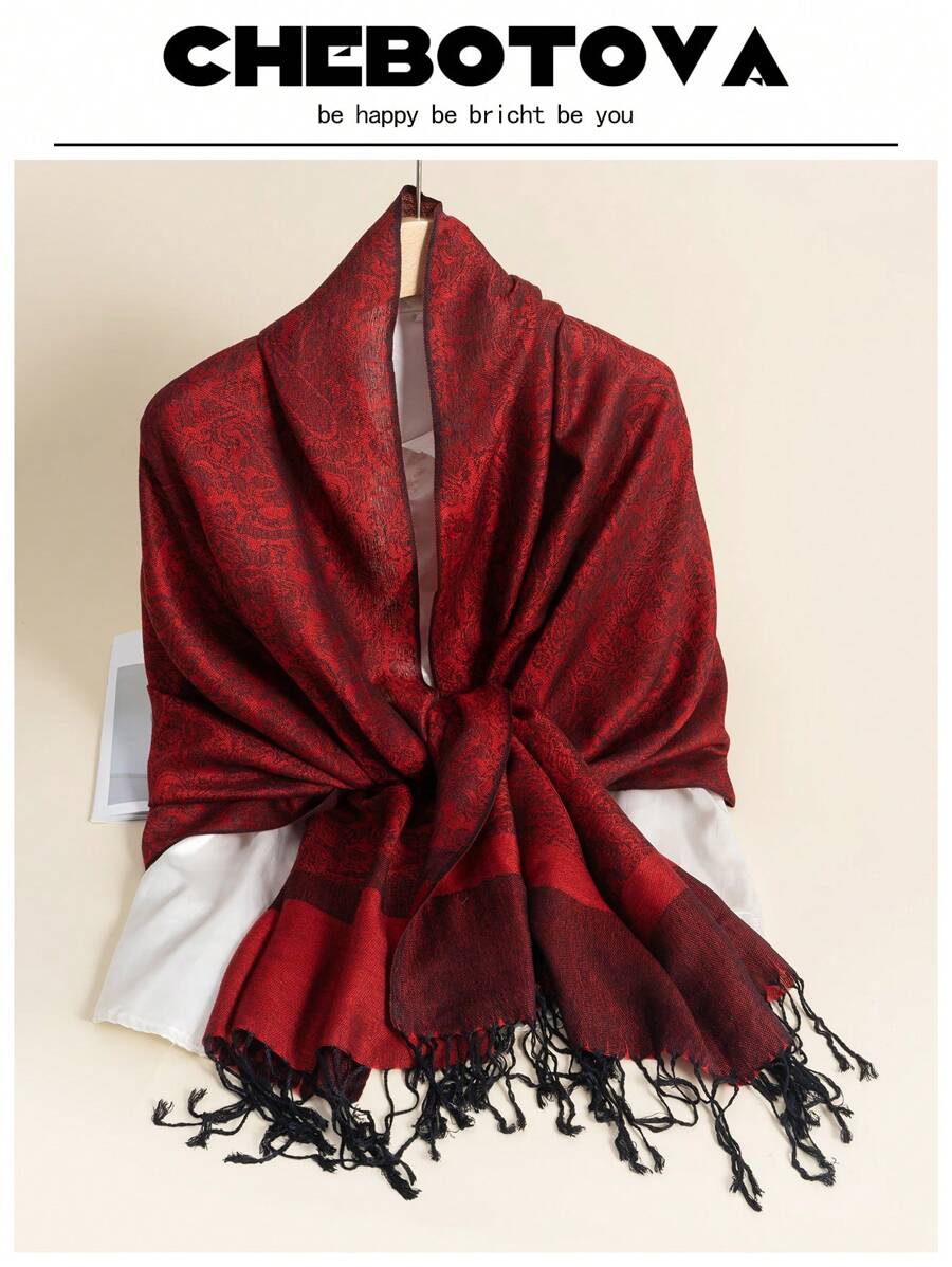 1 buc Eșarfă pentru femei, cu dungi, jacquard, bicoloră, șal cald, eșarfă de plajă, eșarfă lungă, senzație moale de cașmir, cu franjuri, potrivită pentru viața de zi cu zi, rochie de seară, călătorii, birou, nuntă și cadou
