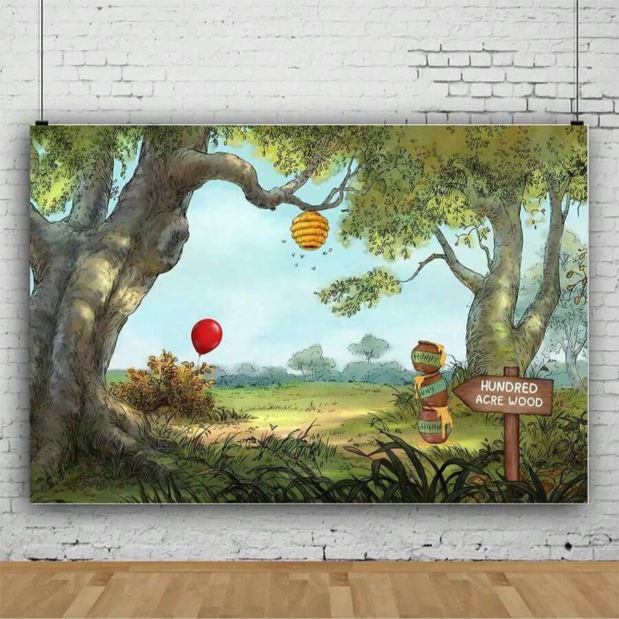 1pc Cartoon Spring Forest Party Backdrop 7*5/5*3FT, Honey Pot & Red Balloon Decor Birthday Background For Living Room, Bedroom, Children Photography, Live Streaming