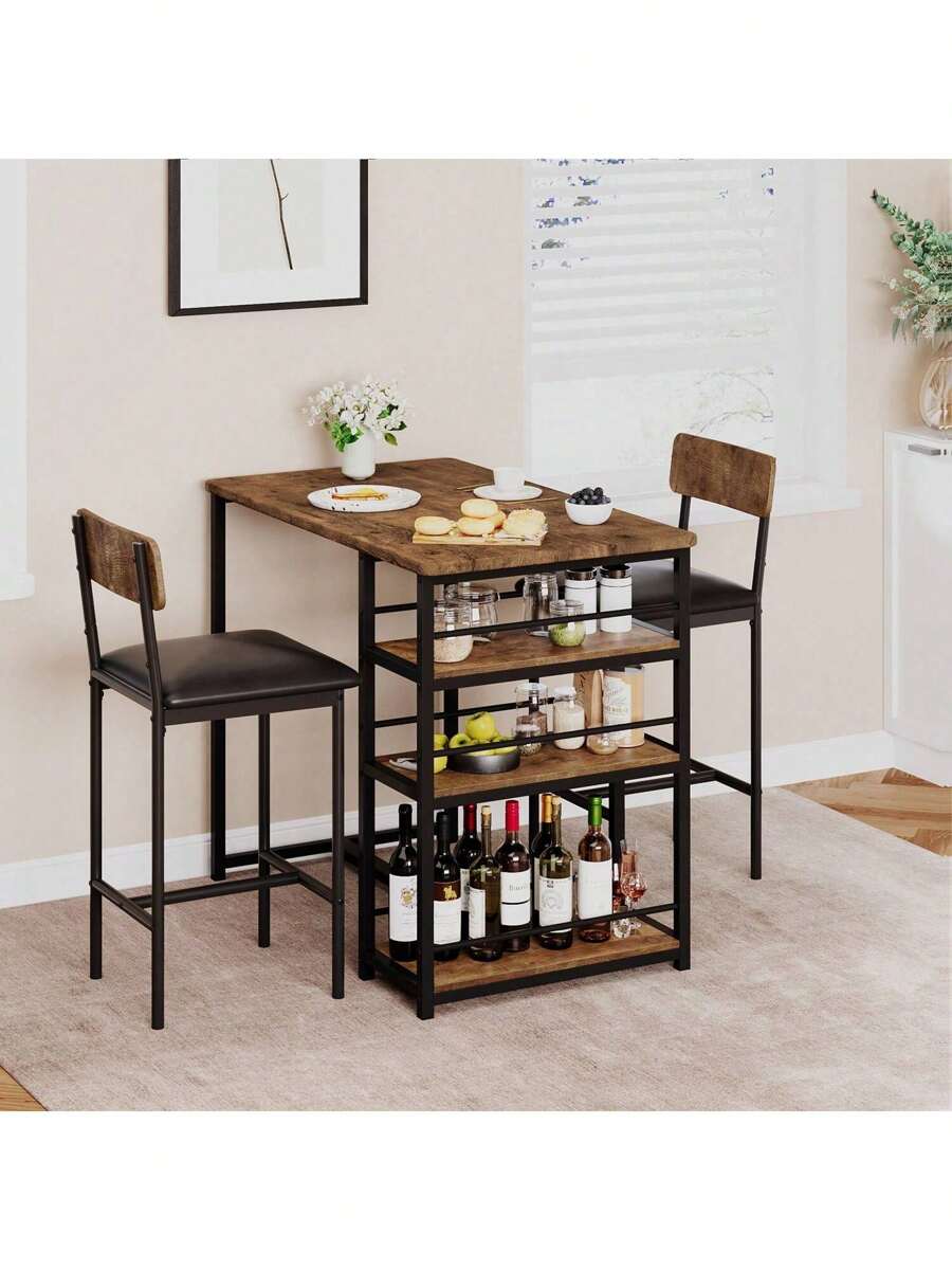 Juego de mesa de bar de 3 piezas, mesa de bar, mesa de comedor con 2 sillas acolchadas y 3 estantes, mesa de cocina, mesa pequeña para mostrador, taburete de bar, grupo de comedor para 2 personas, diseño industrial