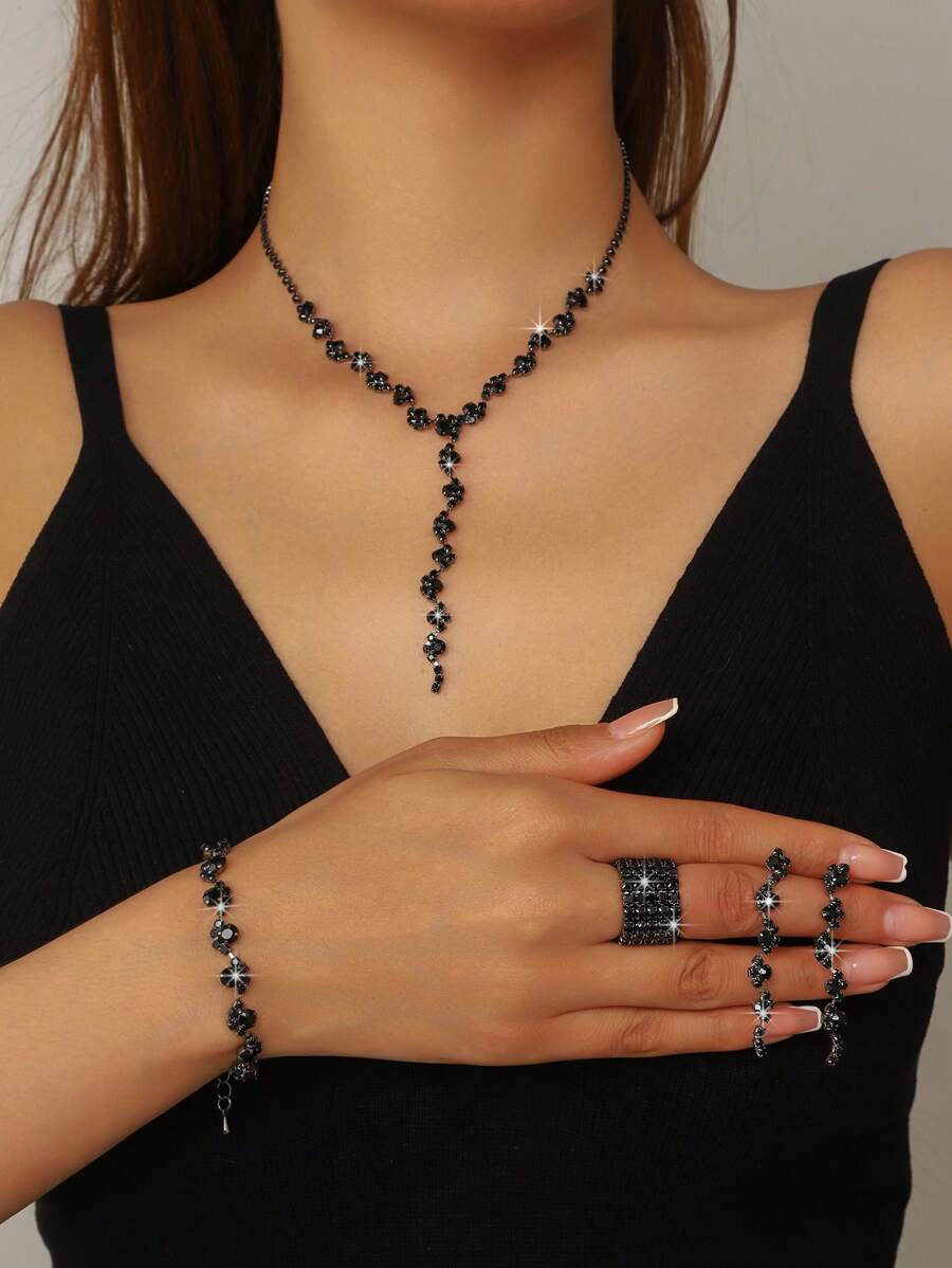 4pcs Women's Elegant Minimalist Versatile Jewelry Set - Necklace, Bracelet, Earrings, Ring, Fashionable & Suitable For Daily, Party And Other Occasions