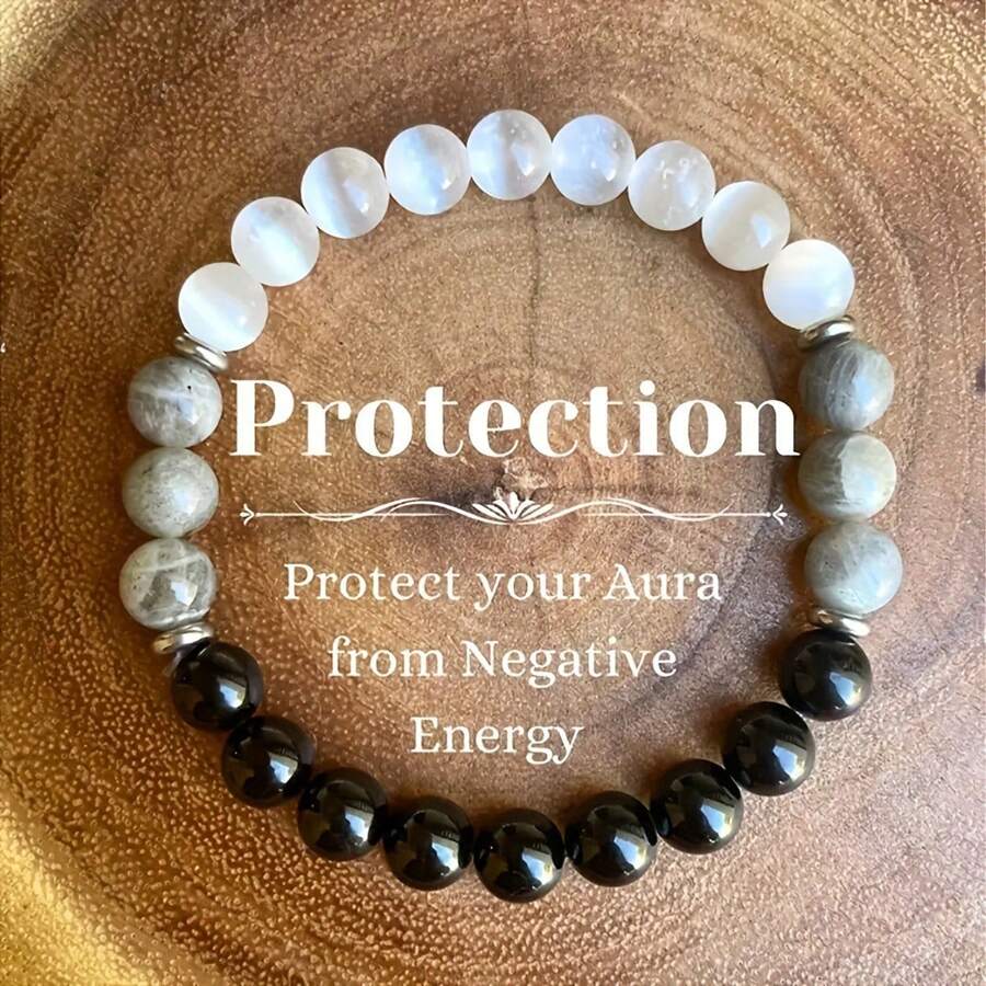 1pc 8mm Single Wrap Tiger Eye Stone, Green Agate, White Diamond Circle Bracelet For Women, Yellow Crystal Engraved Heart Bracelet