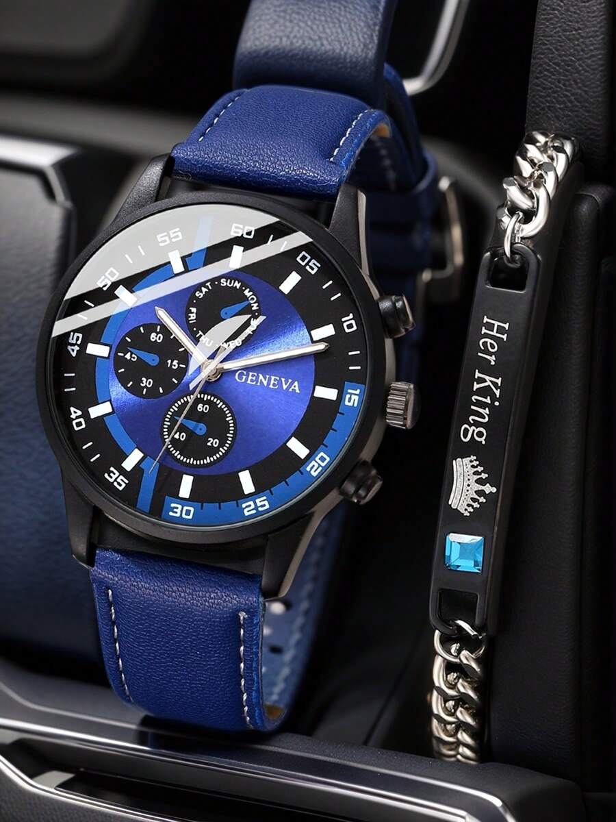 2Pcs Men's Blue PU Leather Strap Casual Three Eye Dial Quartz Watch Bracelet Set Suitable For Daily Wear Or Holiday Gift Giving