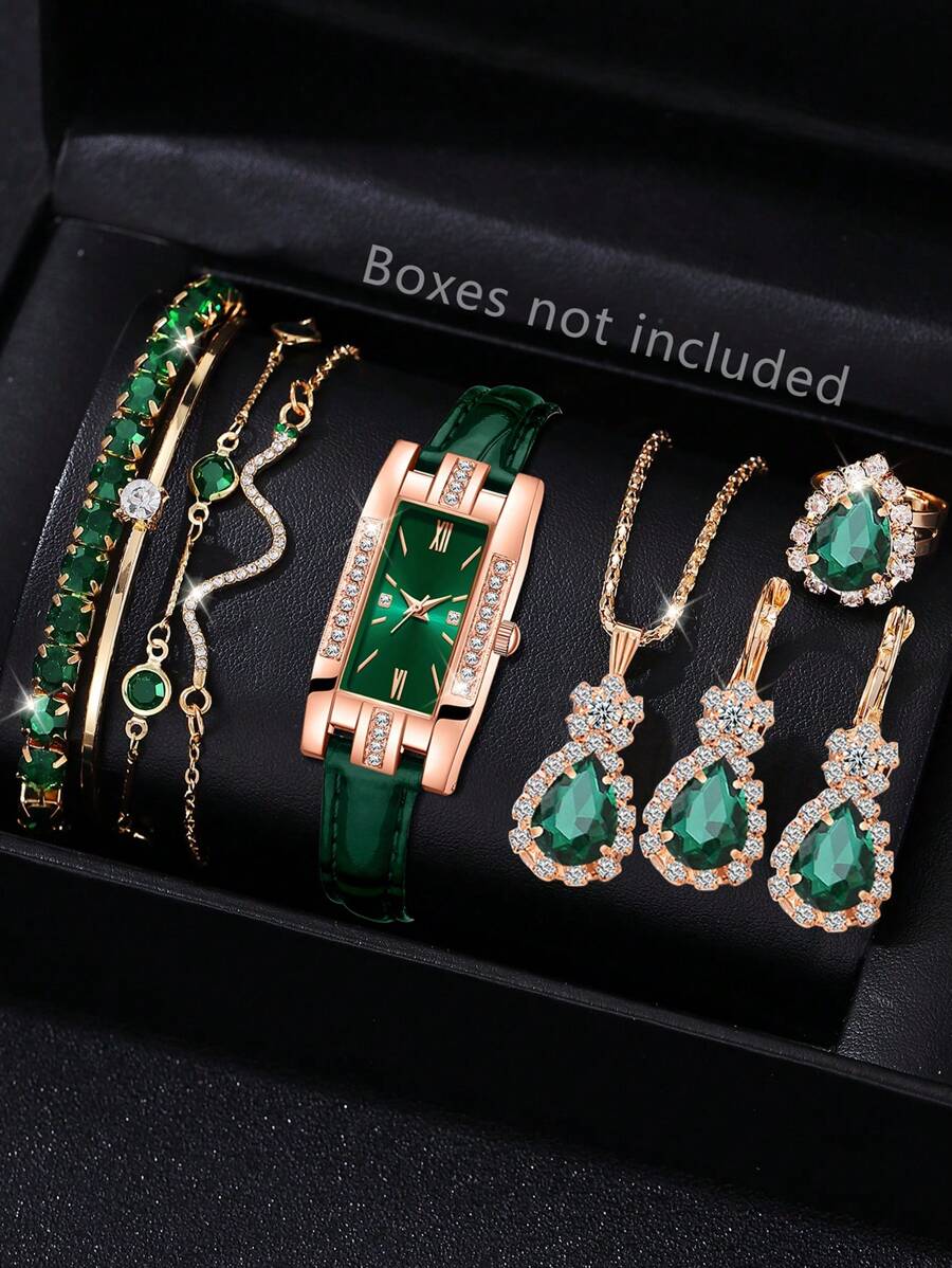 9PCS Green Fashion Women's Watch Set Luxury Versatile Rectangular Dial Quartz Watch Bracelet Necklace Earrings Set Suitable For Daily Clothing Matching Or Holiday Gifts