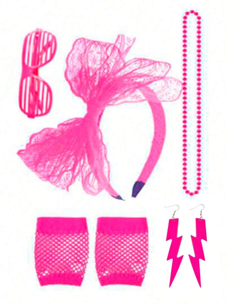 Set de 5 accesorii retro neon anii '80 pentru femei, inclusiv colier cu mărgele, bentiță cu fundă din dantelă, mănuși tip plasă, ochelari pentru jaluzele venețiene, cercei fulger, accesorii esențiale pentru costume de petrecere vintage pentru jocuri de rol și Halloween