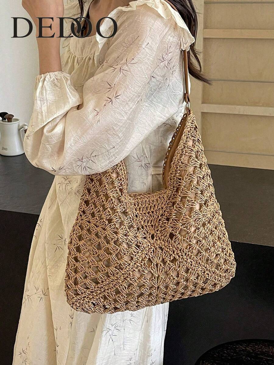 Women's Hand-Woven Grandmother Check Contrasting Large Capacity Tote Bag, Beach Purse, Perfect For Summer, Vacation & Daily Use, Travel Must Haves, Summer Straw Beach Bag For Women, Hottest Beach Bags For Women, Beach Necessities, Beach Essentials,Beach Stuff & Summer Essentials, Newest Holiday Bag