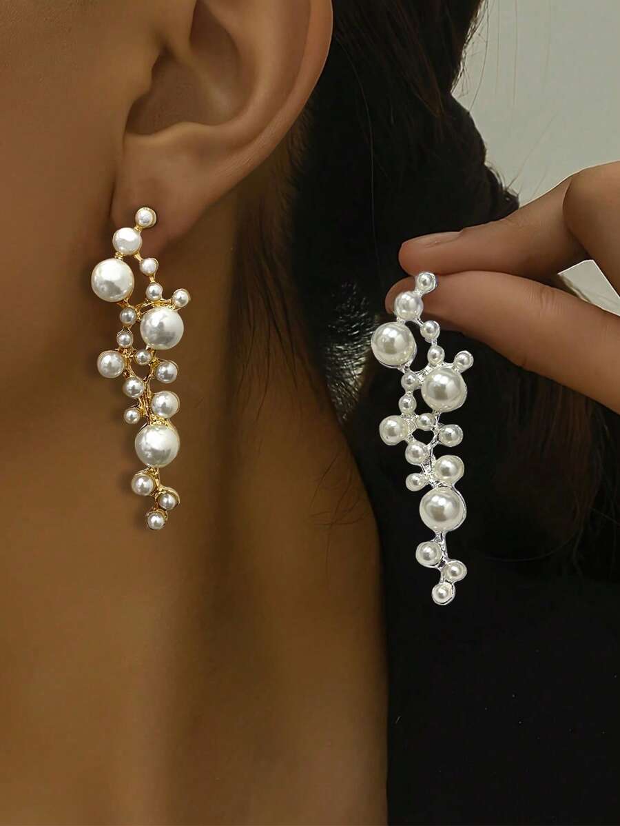 Faux Pearl Earrings, Geometric Rhinestone Inlaid Pearl Decor Alloy Earrings, Versatile Accessory
