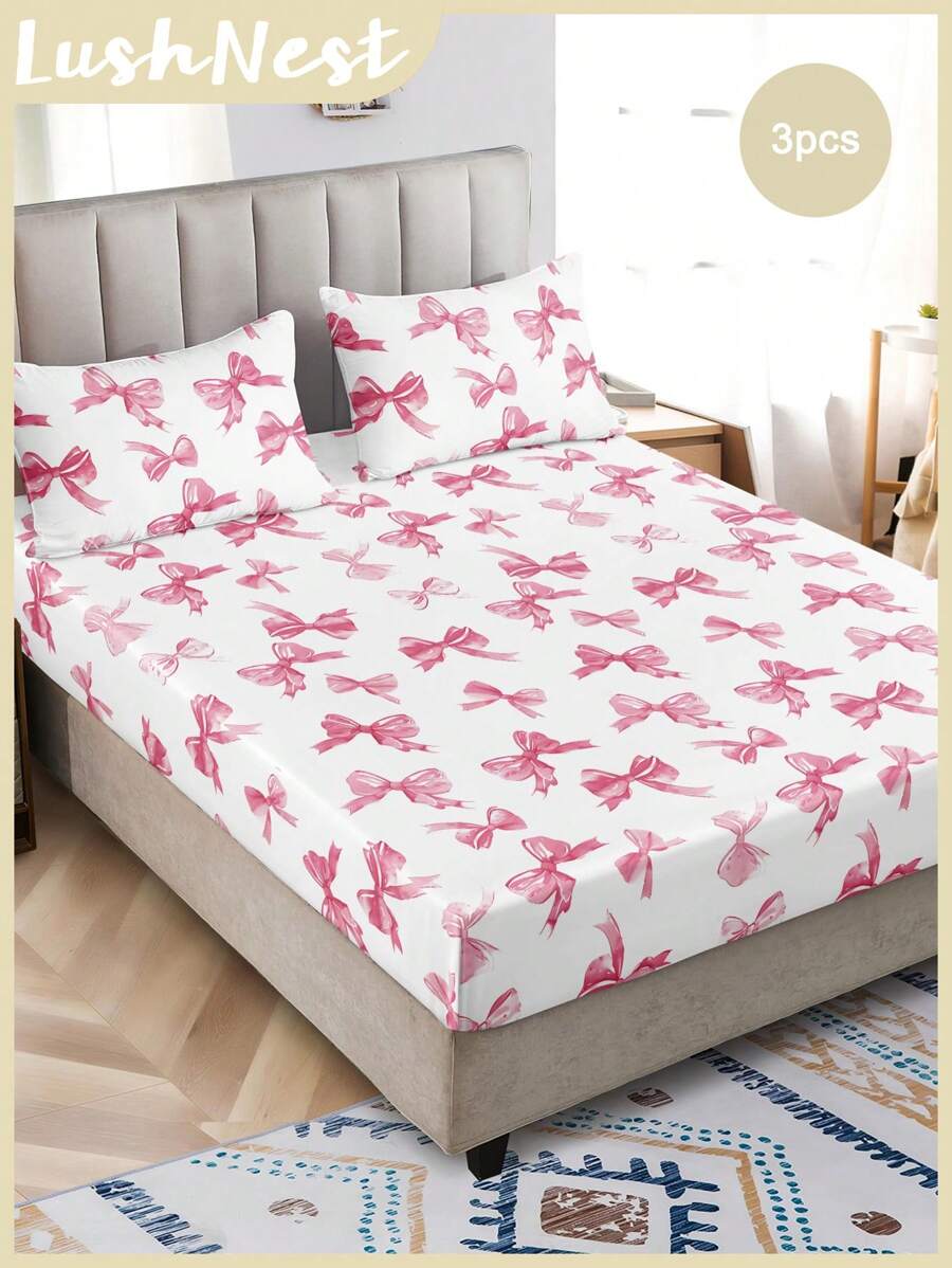 3pcs Watercolor Pink Bow Girly Cute Digital Print Bed Sheet Set (1pc Bed Sheet + 2pcs Pillowcases, No Filler), Soft Daily Polyester Fiber Skin-Friendly For Indoor Bedroom Master Bedroom Guest Room Dormitory, All Season