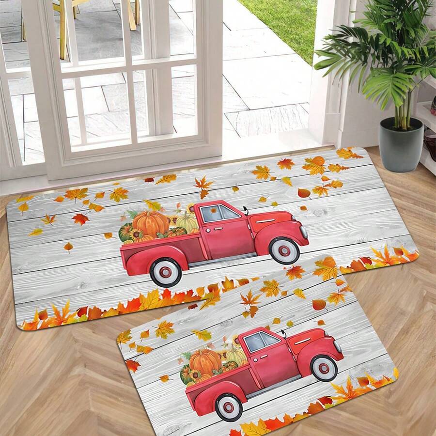 1/2 piezas Alfombra de piso de otoño y Acción de Gracias, hojas de arce amarillas clásicas y alfombras de suelo de cocina con estampado de camión rojo rellenas con calabaza, perfectas para uso en interiores/exteriores, familia, cocina, comedor, decoración de atmósfera de Accións