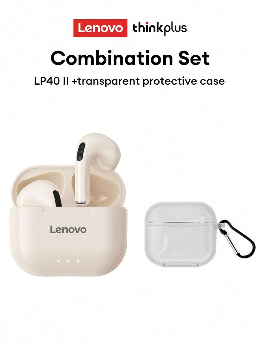 Lenovo Écouteurs Bluetooth Lenovo LP40 II avec étui transparent, écouteurs intra-auriculaires de sport avec graves puissants, appels haute définition avec microphone, faible latence, musique/jeux, tactile intelligent, longue autonomie, annulation passive du bruit, casque sans fil compact et portable