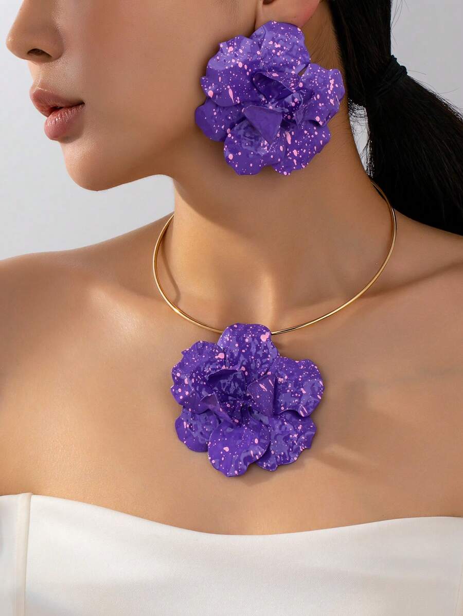 3pcs/Set Elegant Bohemian Style Metal Oversized Flower Pendant Necklace, Earrings Jewelry Set For Women, Suitable For Daily & Vacation Outfits