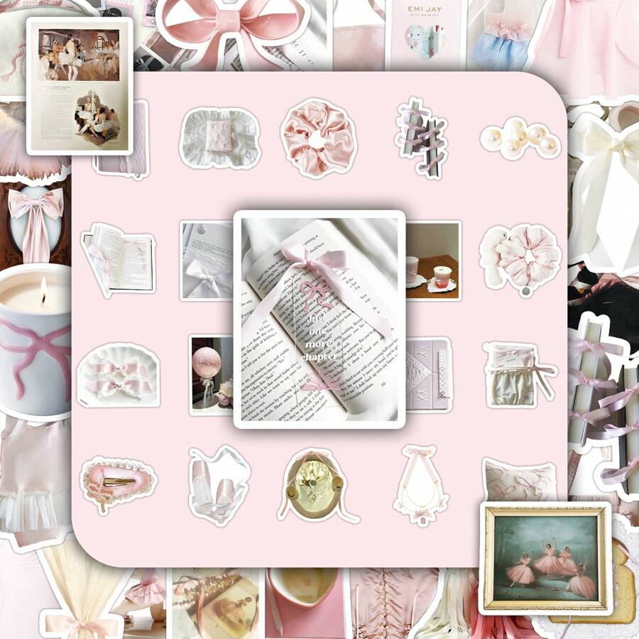 50pcs Kawaii Ballet Style Pink & White Decorative Stickers, Minimalist Korean Style, Suitable As Calendar, Mirror, Scrapbooking Stickers, School Supplies,Back To School