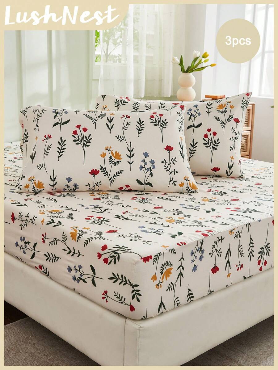3pcs Floral Bedding Set (1pc Fitted Sheet + 2pcs Pillowcase, No Comforter), Soft Polyester Fiber, Fresh Pastoral Style, Suitable For Bedroom, All Seasons