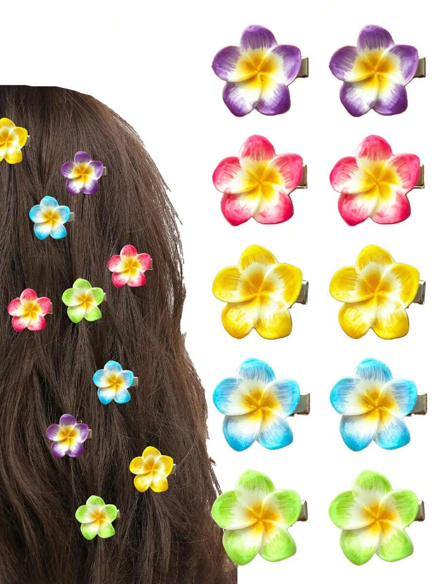 10 piezas Pinzas para el cabello con flores hawaianas en miniatura para mujeres, clips de flores de plumeria e hibisco artificiales para vacaciones, fiestas en la playa, estilo bohemio, set de pasadores de tela de unicolor elegante, accesorios para el cabello con flores de hibisco para mujeres, pinzas de garra, pasadores de cabello