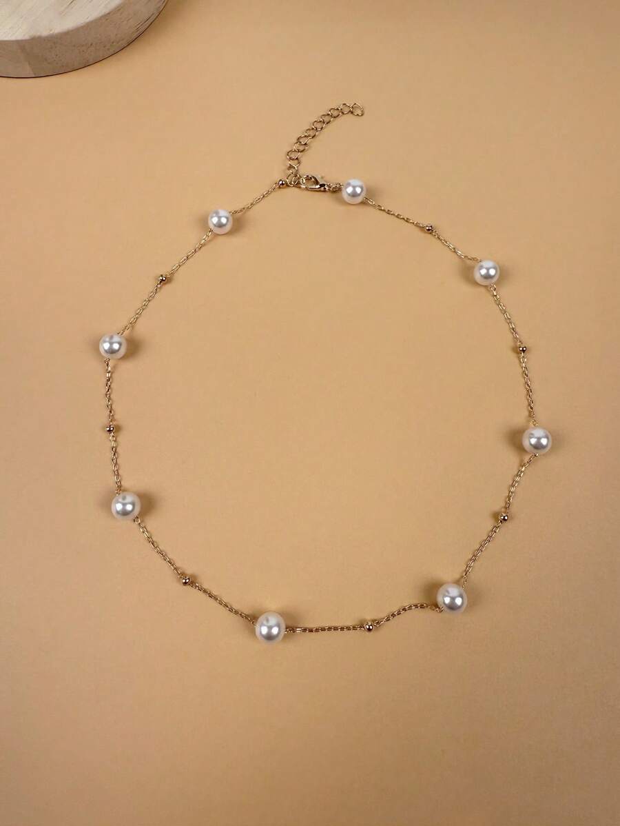 1pc Fashionable & Delicate French Style Gauzy, Versatile Faux Pearl Women Necklace (Length Is Cut According To Size, Bead Quantity Is Not Fixed)