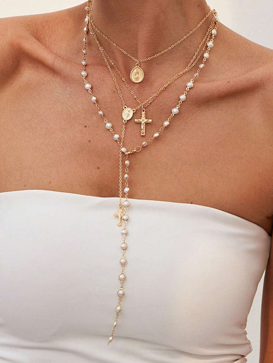 1/4 Stücke Vintage Metall Jesus Kreuz & Blumen Anhänger Y-Knöchel, elegantes bohemian Stil Kunstperle Anhänger Halsketten Set, geeignet für Frauen für Alltag und Feiertage, Geschenk für Freunde