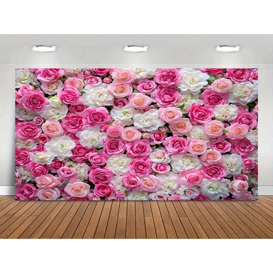 One Piece, Floral Wall Background Banner Polyester Photography Background - Spring Pink And White Rose Portrait, Suitable For Weddings, Bridal Parties, Multi-Purpose Photo Studio Prop Decoration - No Electricity Required