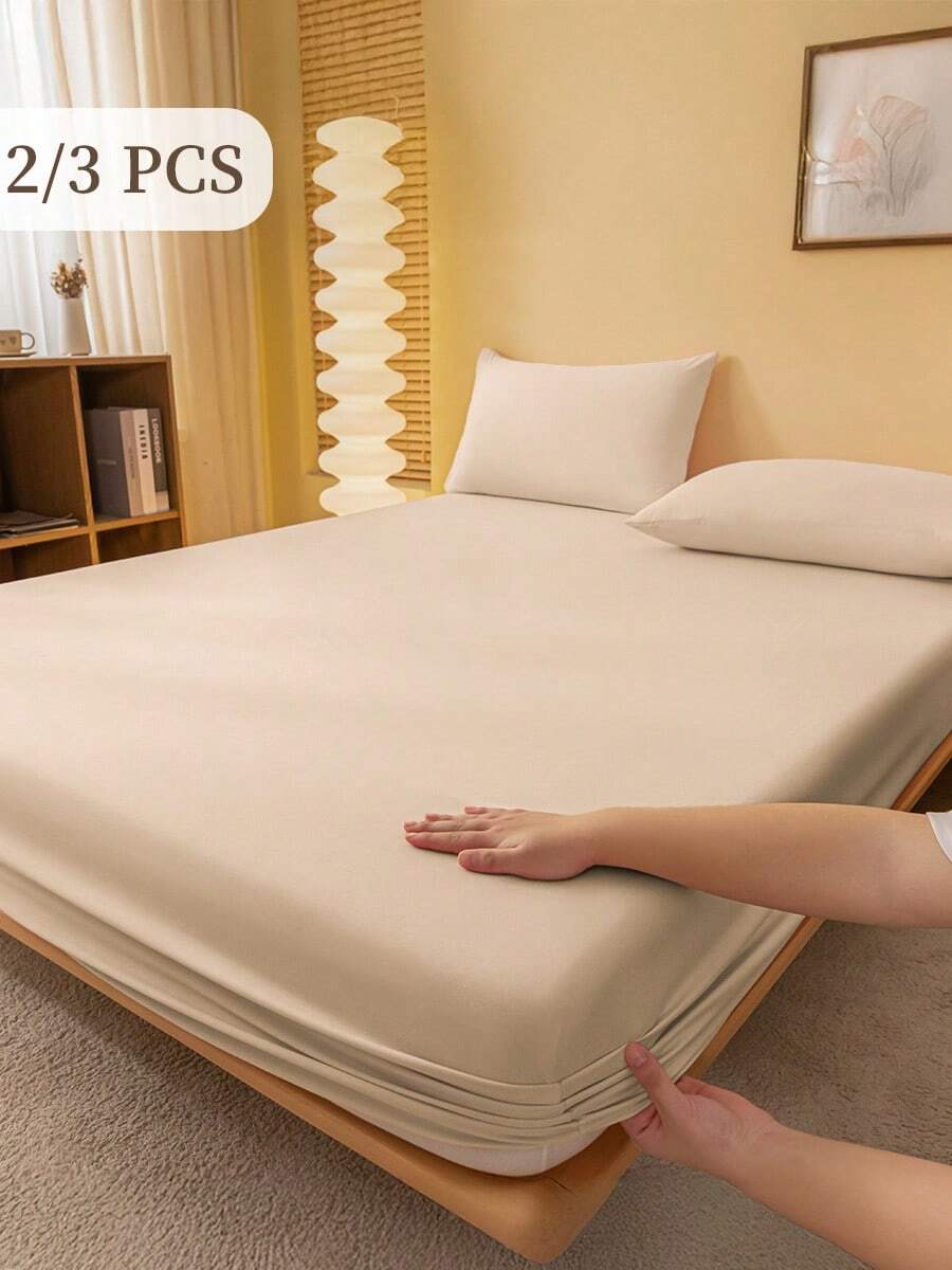 2/3 Pcs Fitted Sheet Set, Bedding, Solid Color Bed Sheet Set, Soft And Comfortable Bedding, Skin-Friendly Bed Cover Set, Room Decor For All Season, Halloween Gift, Mattress Protector For Bedroom, Fits For Single, Twin, Full, Queen And King Size Bed, 1 Fitted Sheet And 1/2 Pillowcases, Machine Washable