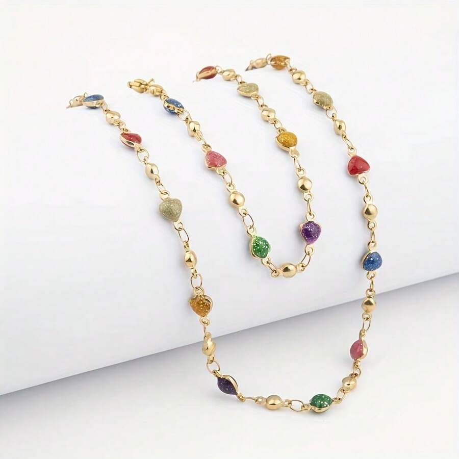 2pcs Fashionable Stainless Steel Colorful Shiny Heart Necklace & Bracelet Set, Suitable For Daily Wear