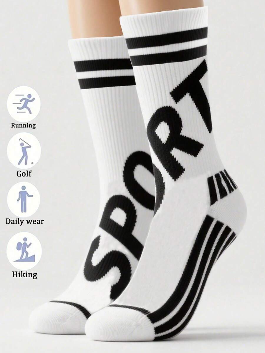 1 Pair Unisex Letter & Stripe Pattern Mid-Calf Sports Socks, Fashionable & Versatile For Fitness, All Season