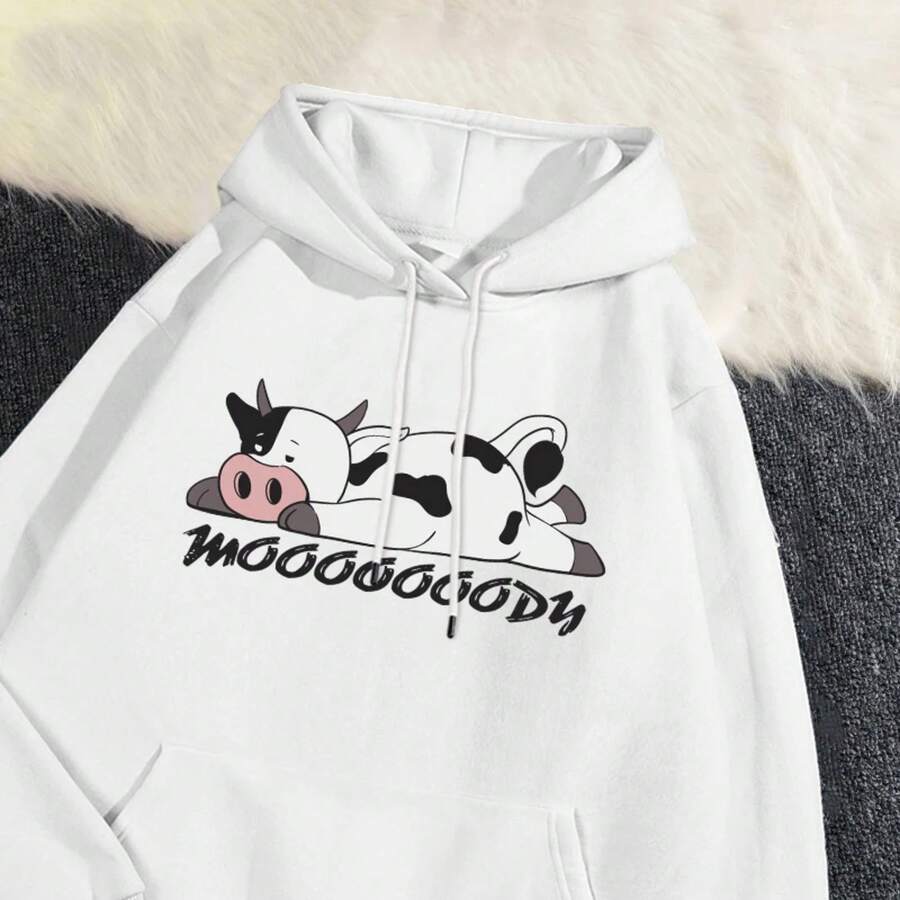 Women's Spotted Cow Print Sweatshirt, Street Hoodie, Breathable, Warm Pullover, Cute Sportswear, Autumn, Winter
