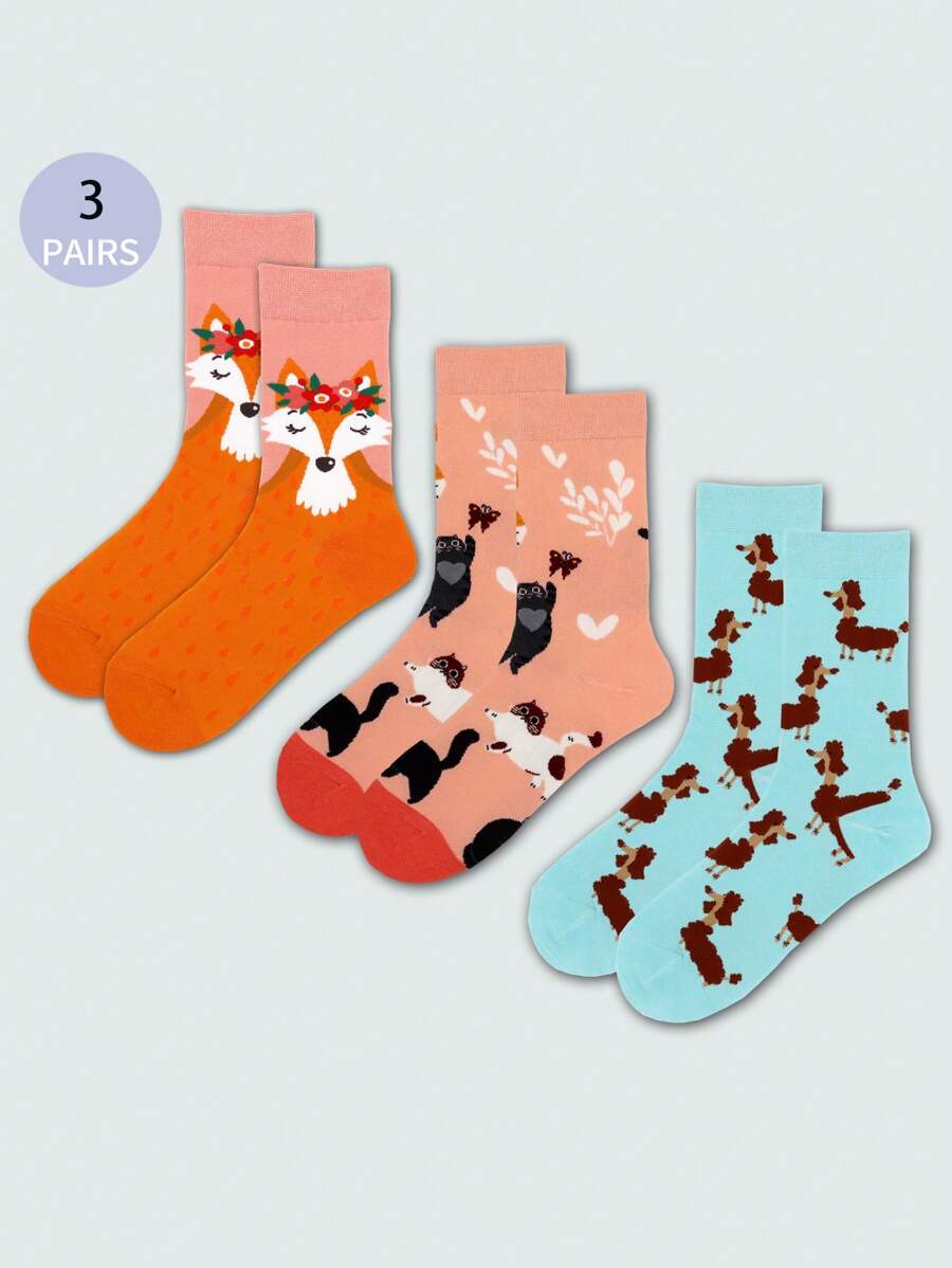 3 pares de calcetines casuales de media pantorrilla con gráficos de animales para mujer
