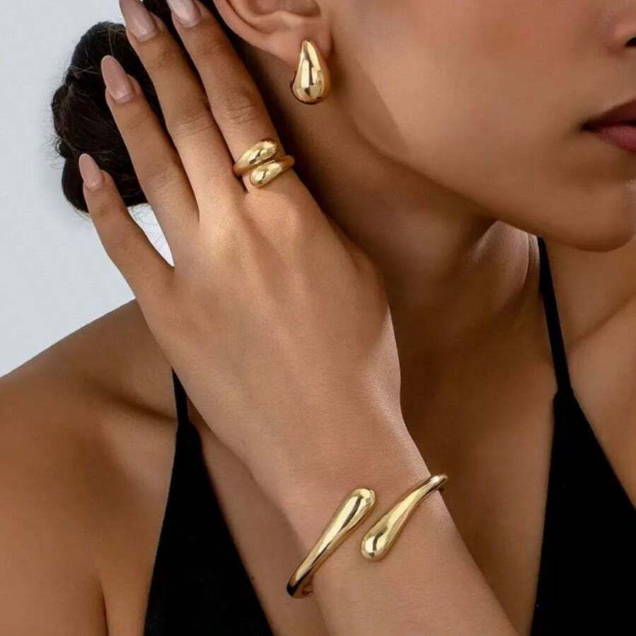 1 Set Minimalist Waterdrop Geometric Stainless Steel Bracelet, Ring, Earrings Jewelry Set For Women