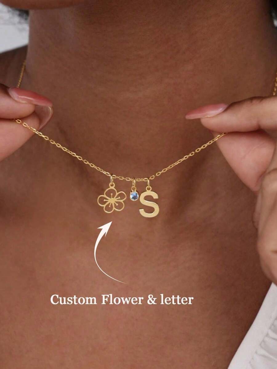 Customized Birthday Flower Letter Necklace, Stainless Steel Jewelry, Personalized Letter Birthday Flower/Birthday Stone Necklace, Women's Jewelry Necklace, Beach Vacation Gift, Wedding, Party Gift