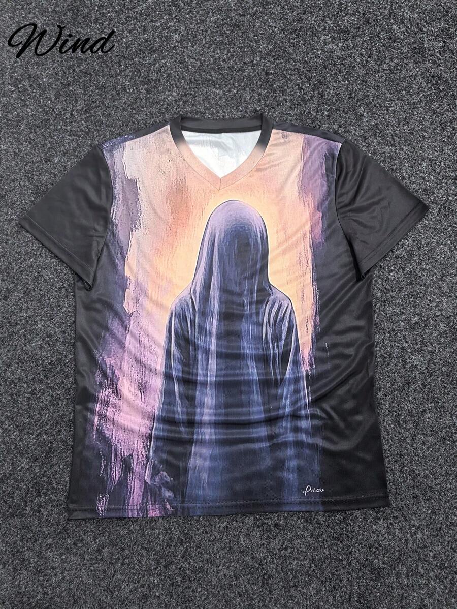 Men's Vintage White Smoky Mysterious Figure Shadow Graphic Print Short Sleeve T-Shirt, Summer Street Style