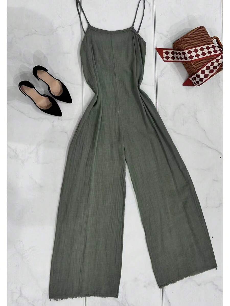 mono lino liso de tirante Liso Casual Elegante Tela Espalda al aire mono lino largo Diario Vacaciones viaje PRIMAVERA VERANO