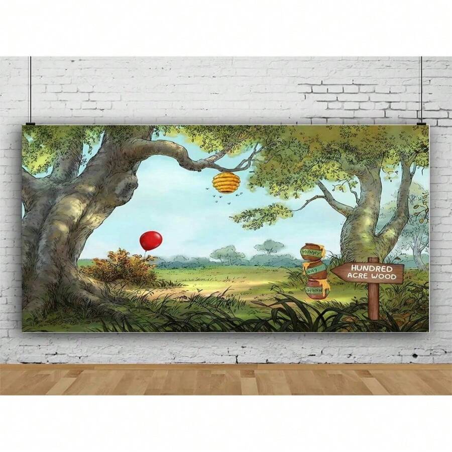 1 Cartoon Spring Forest Party Background Cloth Honey Jar Red Balloon Decoration Birthday Background Cloth Living Room Bedroom Children's Photography Booth Live Broadcast Venue Layout Background