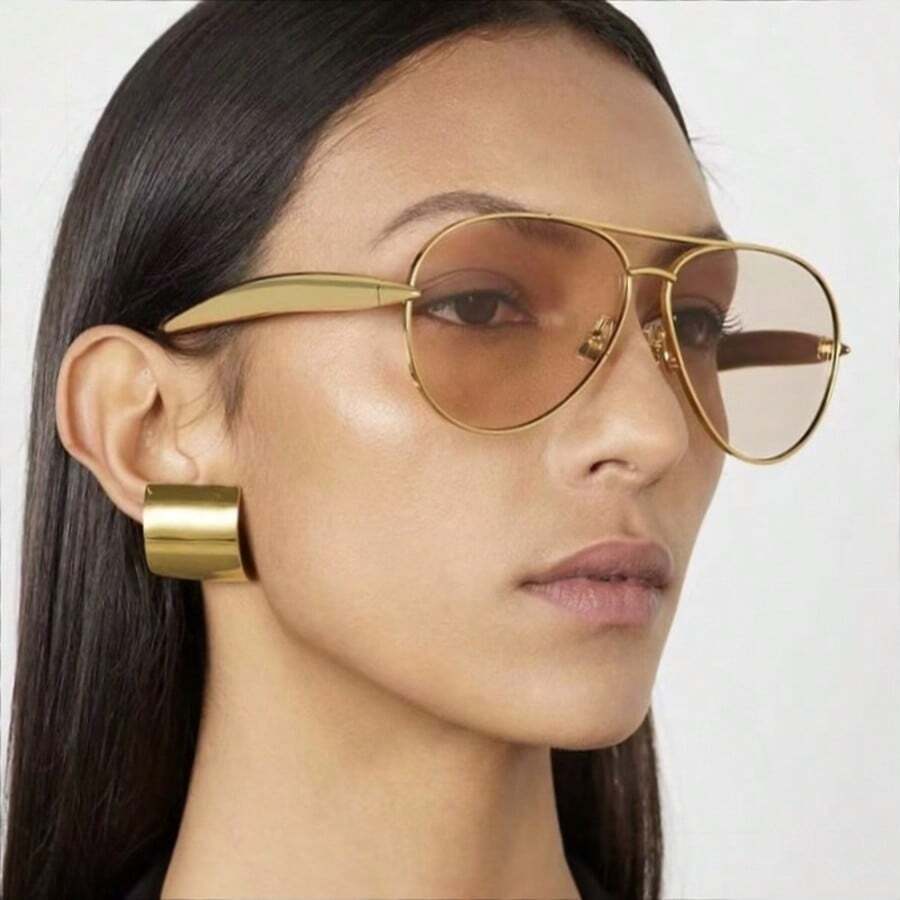 〖Summer Turn Up〗1 PCS Large Frame Double Beam Metal Fashion Glasses Toad Glasses Advanced Retro Personality Versatile Daily Wear Street Photography Vacation Travel Beach Accessories Gold Color