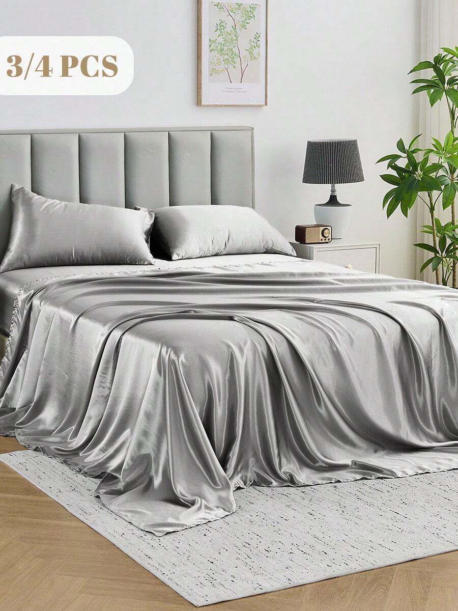 3/4pcs Satin Fitted Sheet Set, Bedding Set, Bed Sheets, Solid Color Bed Sheet Set, Mattress Cover Set, Skin-Friendly Bed Cover Set, Smooth, Soft And Comfortable Bedding For Bedroom, Mattress Protector For Bedroom, Halloween Gift, 1pc Flat Sheet, 1pc Fitted Sheet With 1/2pcs Pillowcase, Deep Pocket, For Single, Twin, Full, Queen And King Bed Sizes, Machine Washable