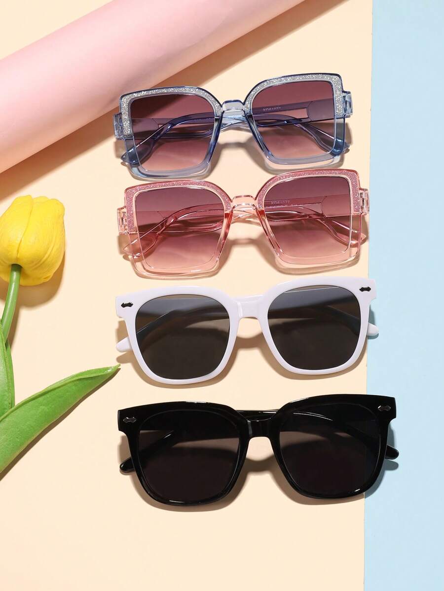 4 Pcs Boys Girls 6-12 Years Square Hollowed Out Rice Nails Classic Versatile Sunglasses For Daily Travel