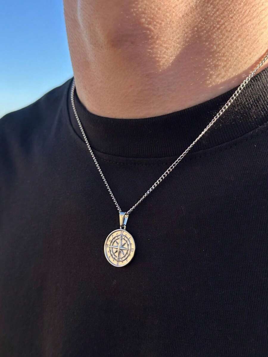 Colar com Bússola de Prata, Colar Pingente de Bússola de Aço Inoxidável, Colar de Viagem Masculino, Colar Estrela do Norte, Presente de Joias de Aço Inoxidável para Ele, Presente de Joias para Pai, Irmão, Namorado