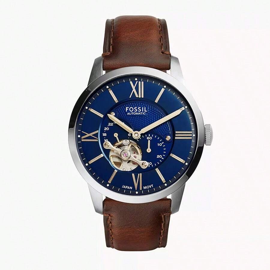 Fossil ساعة Townsman Vintage التلقائية للرجال ME3110 باللون الأزرق والوردي والبني والرذاذ S ساعة كاجوال مناسبة للارتداء اليومي هدية عيد ميلاد للرجال والأصدقاء