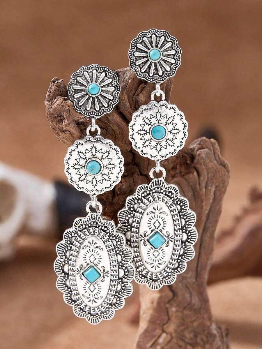 MONLOTTI 1 Pair Cowgirl Western Vintage Boho Style Totem Carved Geometric Patchwork Metal Alloy Pendant Earrings, Fashion Earrings For Women, Retro Jewelry
