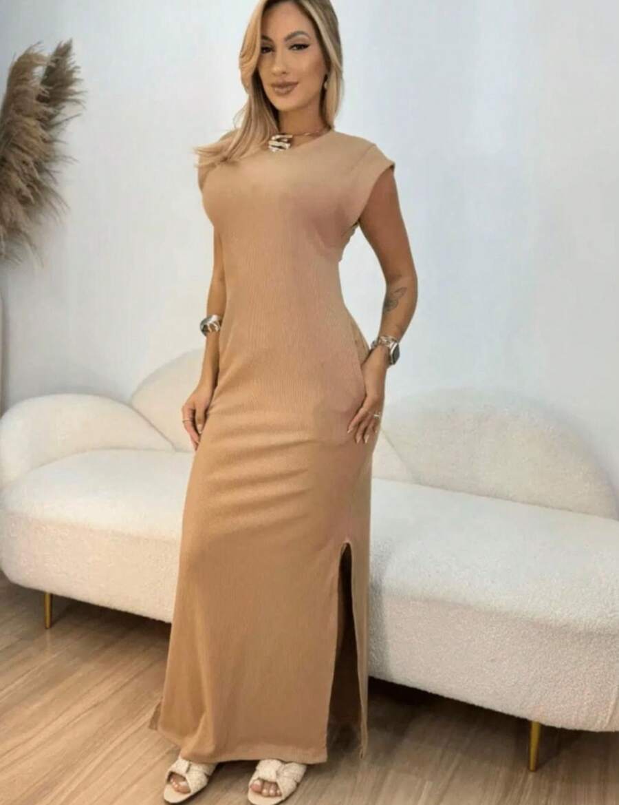 Vestido Feminino longo soltinho elegante Com fenda e bolsos muscle tee fashion em moletinho.