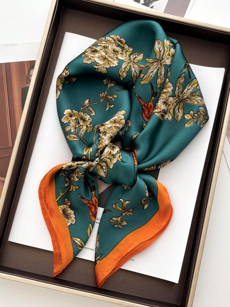1pc Luxury And Fashionable Floral Print SIlk Satin Square Scarf Headband, Versatile Women's Hair Band Shawl For Tourism, Vacation, Leisure, And Leisure,Head Scarf, Daily Commuting Small Collar