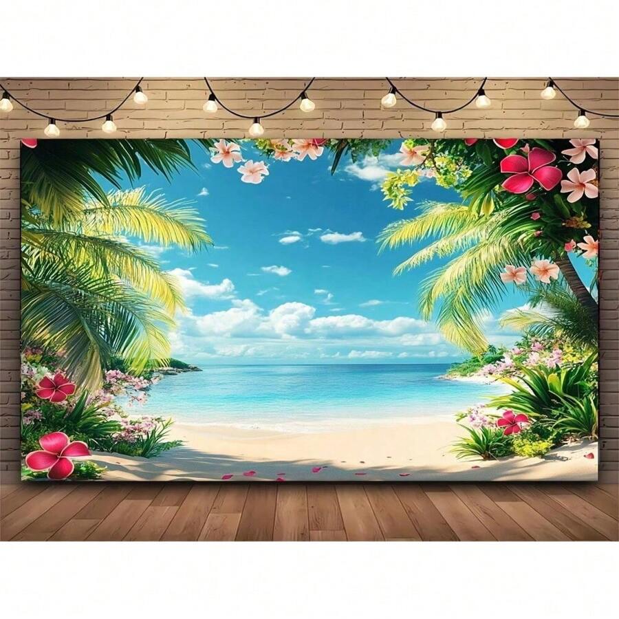 1 Piece, Tropical Seaside Background, Summer Beach Hawaii Island Palm Tree Photography Background, Photo Background, Video Wall Background, Hanging Cloth, Party Banner, Party Photo Background, Party Supplies