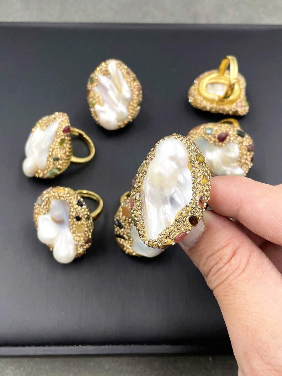 1pc Natural Baroque Freshwater Pearl & Beryl Gemstone Adjustable Ring, Fashionable Personalized Luxury Rhinestone Jewelry