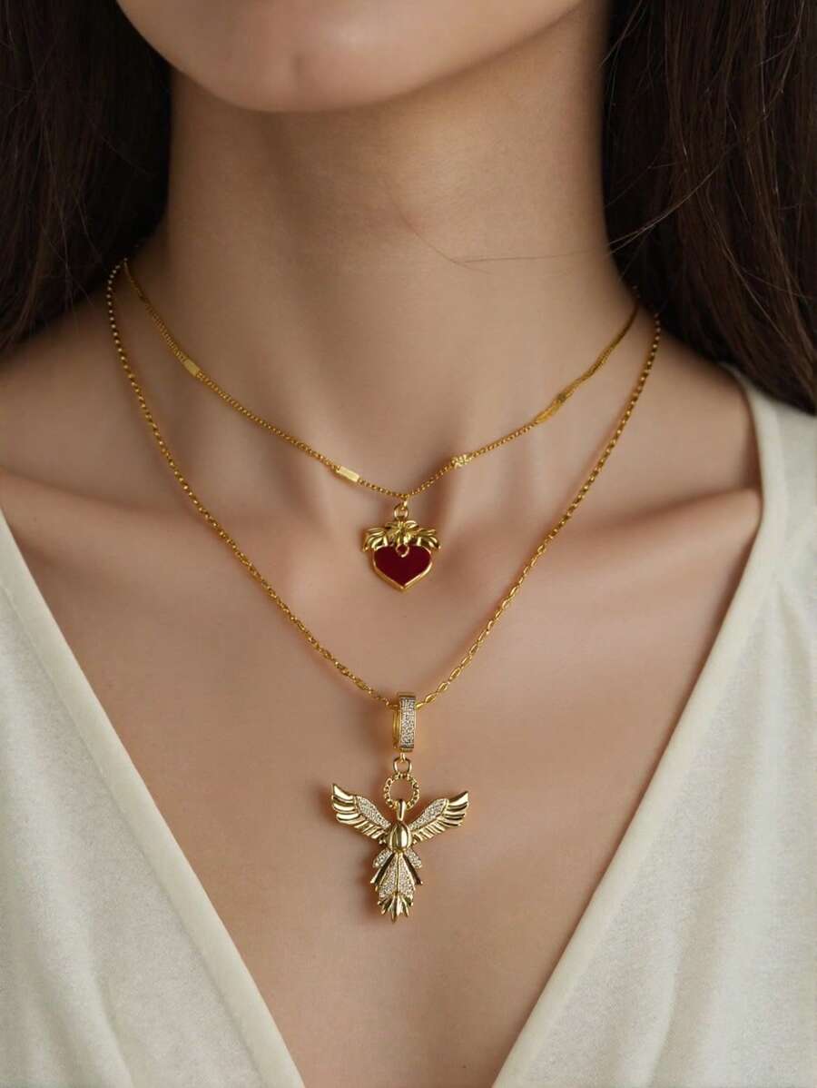 2pcs Fashionable Personalized Angelic Red Heart Multilayer Pendant Necklace, Gift For Women