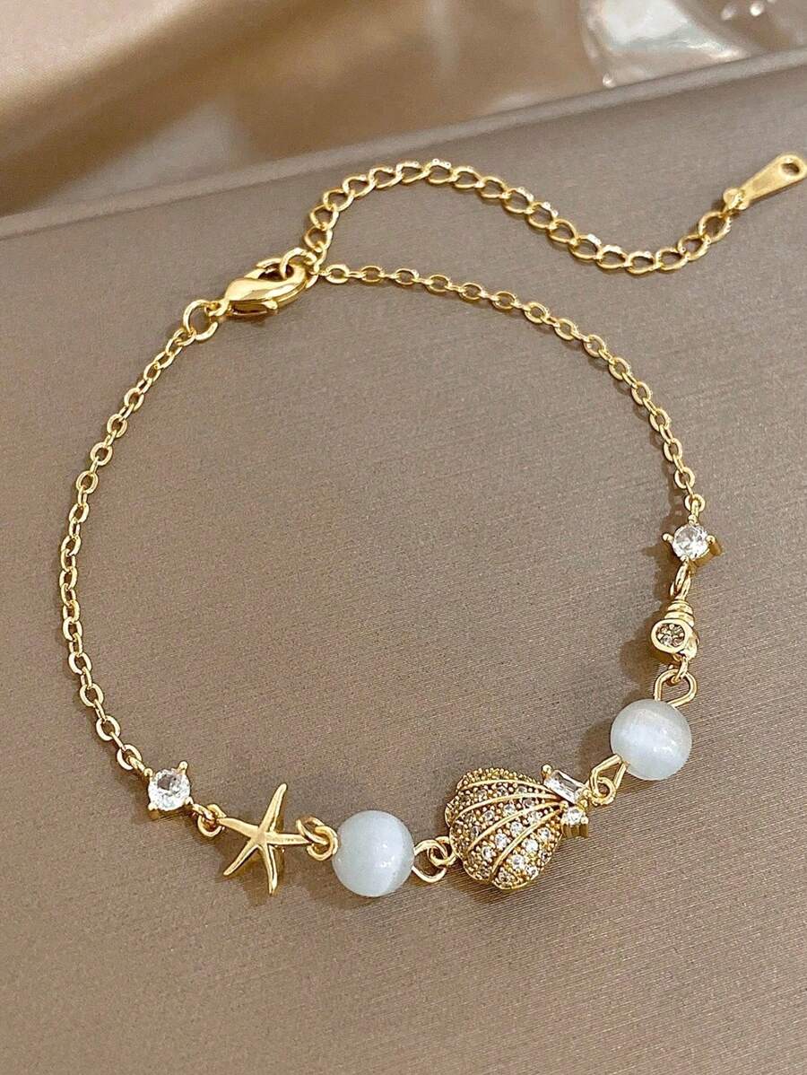 1 Peça Pulseira Pingente com Tema Oceânico Banhada a Ouro 18K para Mulheres e Meninas, Corrente de Elos com Estrela do Mar e Concha de Aço Inoxidável com Contas de Olho de Gato e Cubic Zircônia, Joia Boêmia Ajustável para Praia, Dia das Mães, Verão e Ocasiões Especiais