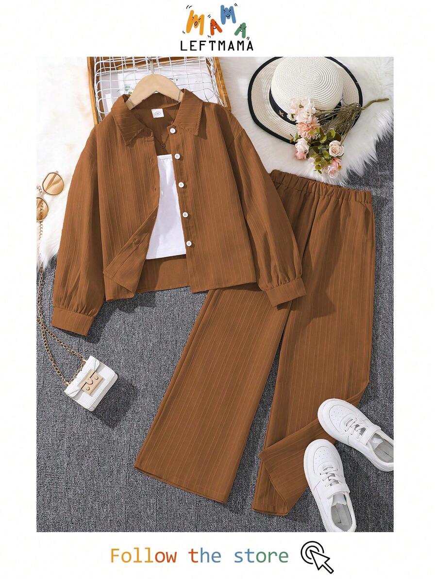 Left Mama 2 Pieces Girl's (Plus Size) Set - Long Sleeve Collared Shirt Top & Pants, New Style For Autumn