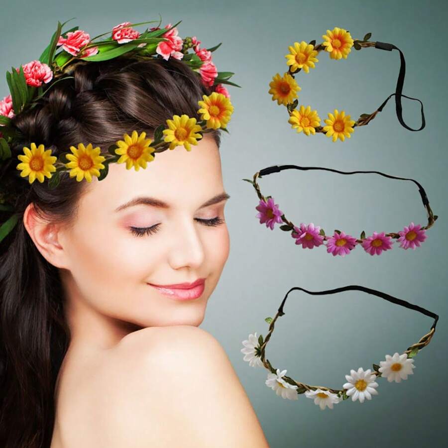 1 pieza Diadema con girasol, Corona de flores de margarita, Tocado de playa de resort, Diadema de sombrero de playa de lugar escénico, Coronas, Tiara, Corona de disfraz, Corona de flores, Círculo para el cabello, Enredadera para el cabello, Accesorios de rave